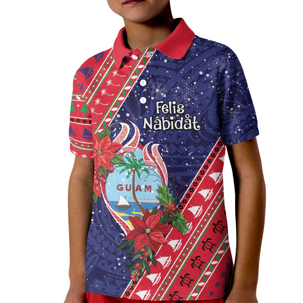 Guam Christmas Kid Polo Shirt Felis Nabidat Guaman Seal With Poinsettia LT05 Kid Blue - Polynesian Pride