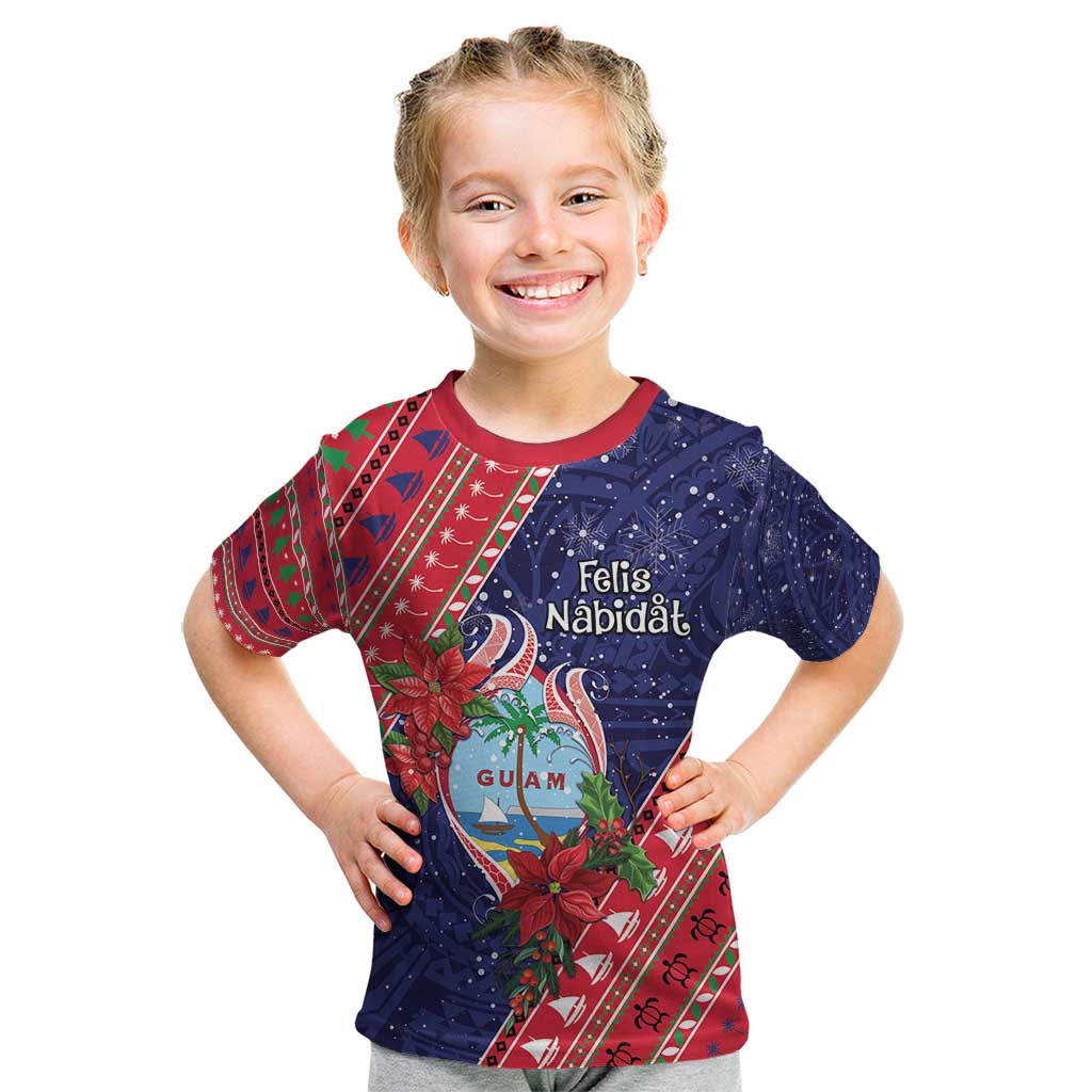 Guam Christmas Kid T Shirt Felis Nabidat Guaman Seal With Poinsettia LT05 Blue - Polynesian Pride