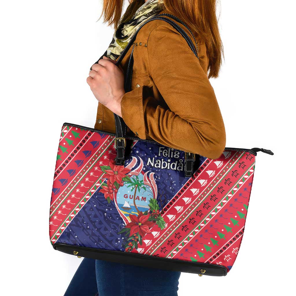 Guam Christmas Leather Tote Bag Felis Nabidat Guaman Seal With Poinsettia LT05 Blue - Polynesian Pride