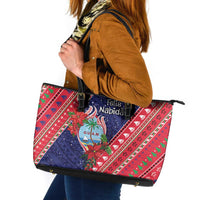 Guam Christmas Leather Tote Bag Felis Nabidat Guaman Seal With Poinsettia LT05 Blue - Polynesian Pride