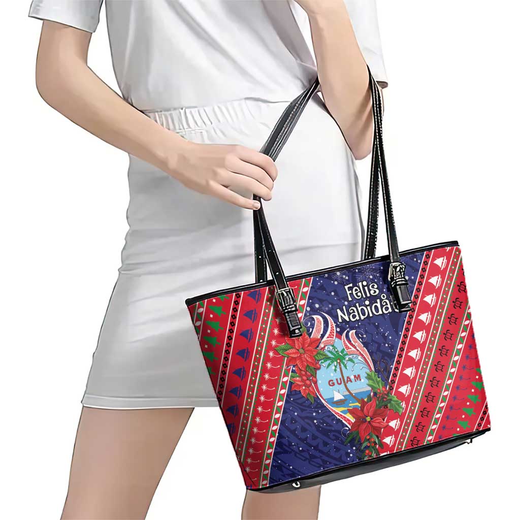 Guam Christmas Leather Tote Bag Felis Nabidat Guaman Seal With Poinsettia LT05 - Polynesian Pride