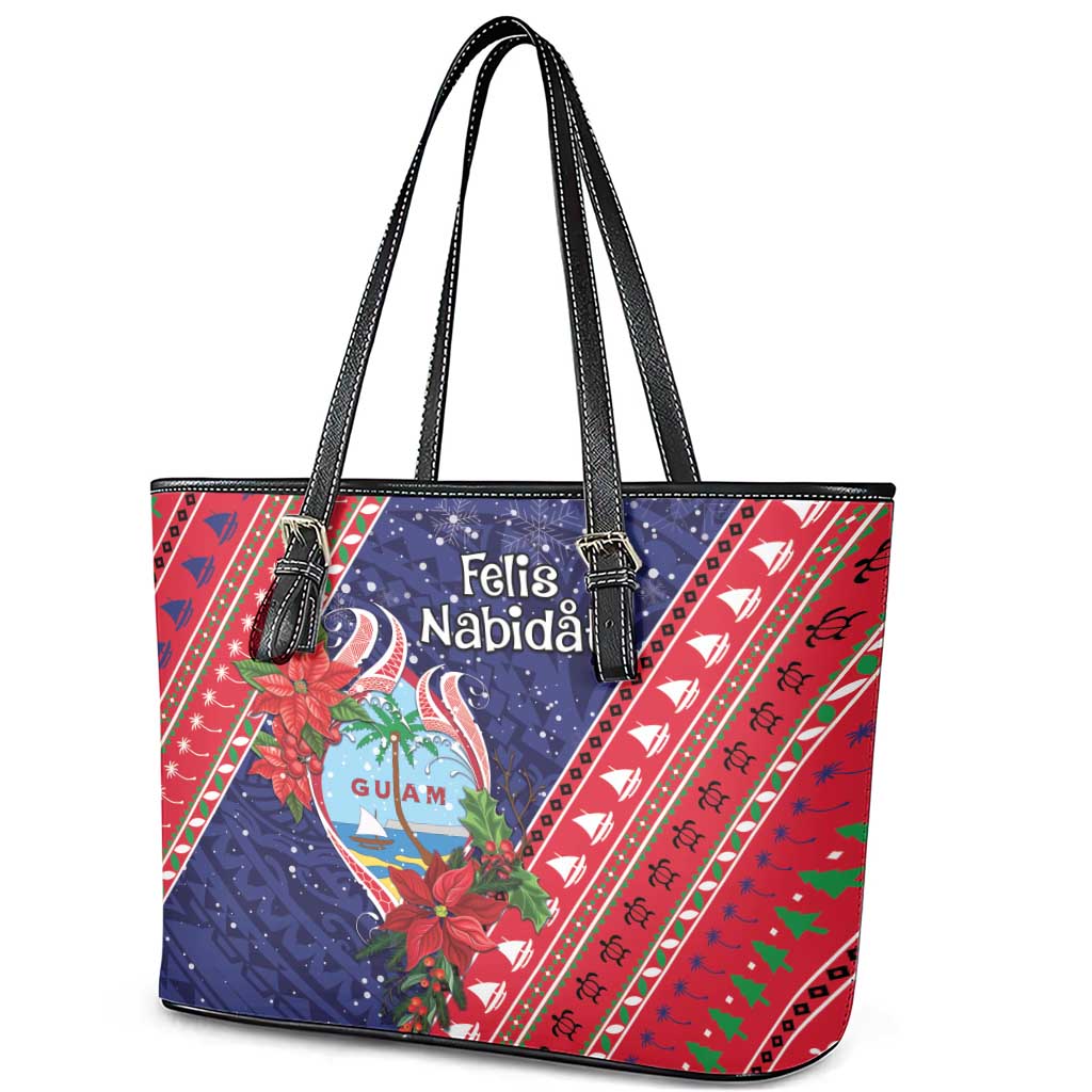 Guam Christmas Leather Tote Bag Felis Nabidat Guaman Seal With Poinsettia LT05 - Polynesian Pride