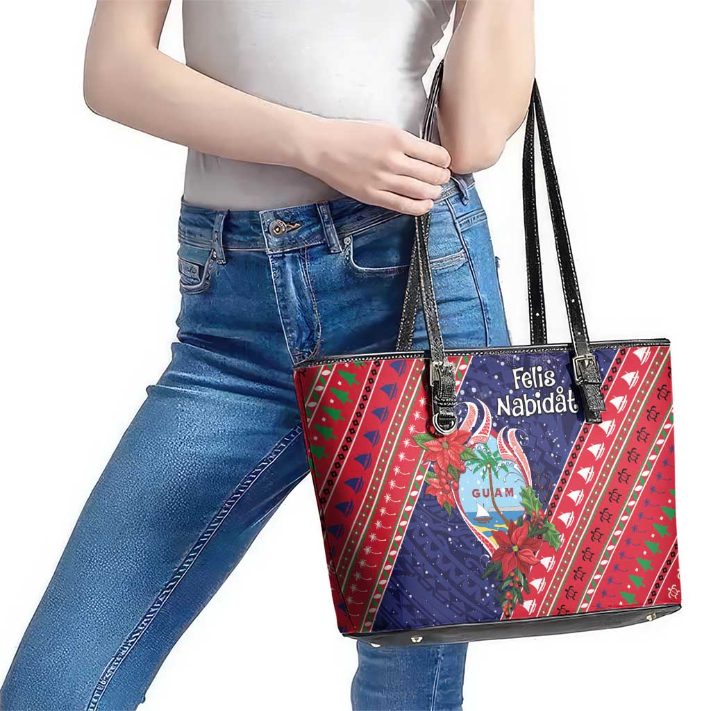 Guam Christmas Leather Tote Bag Felis Nabidat Guaman Seal With Poinsettia LT05 - Polynesian Pride