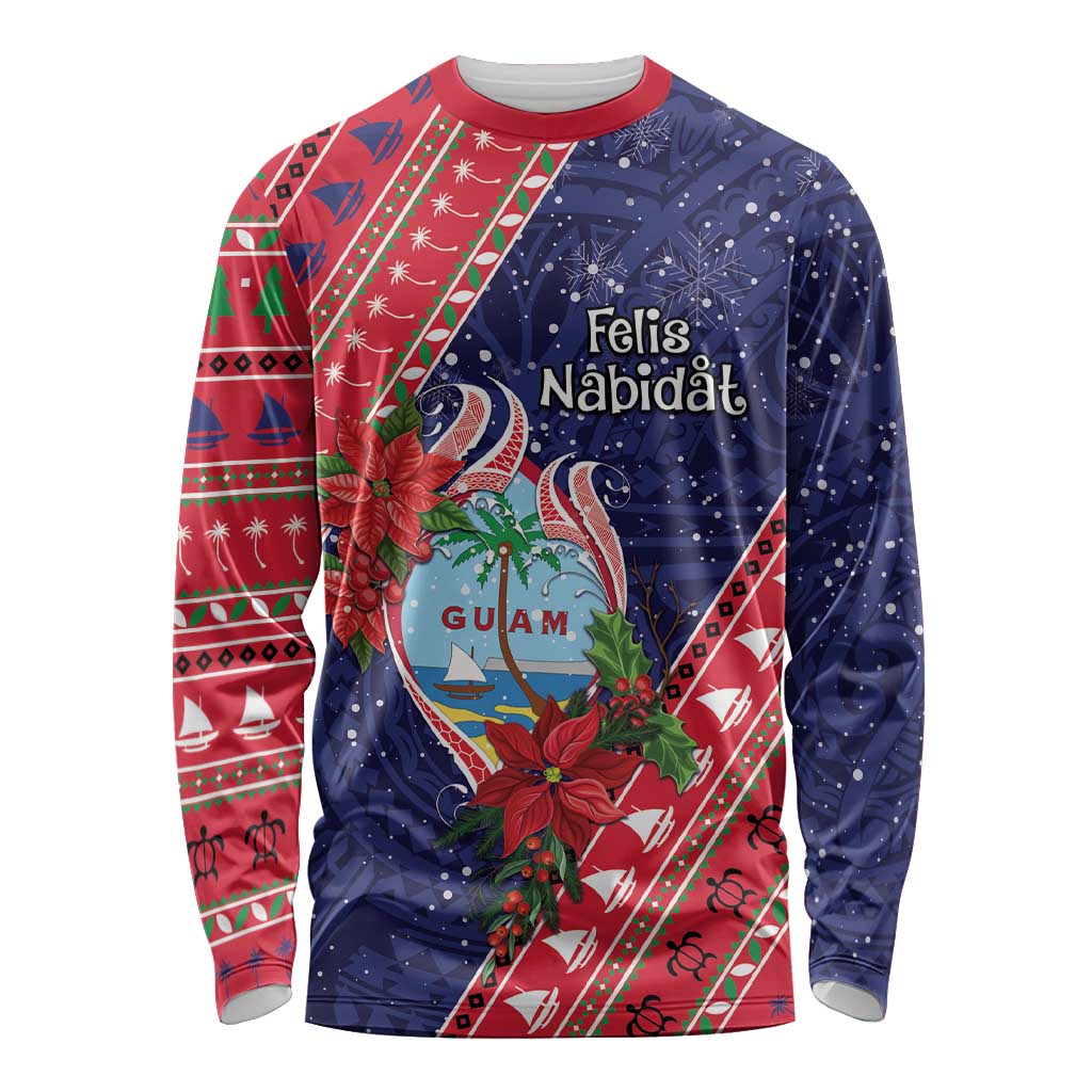 Guam Christmas Long Sleeve Shirt Felis Nabidat Guaman Seal With Poinsettia LT05 Unisex Blue - Polynesian Pride
