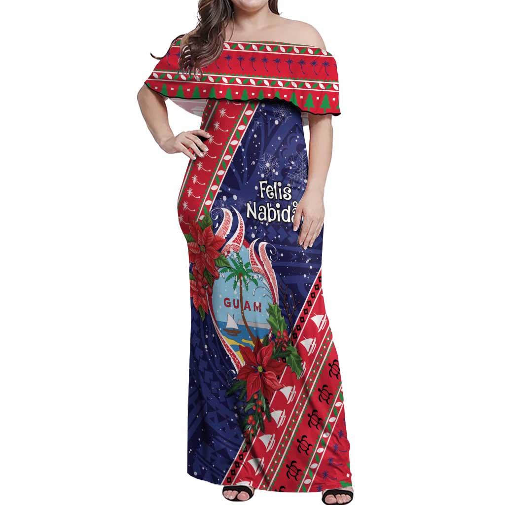 Guam Christmas Off Shoulder Maxi Dress Felis Nabidat Guaman Seal With Poinsettia LT05 Women Blue - Polynesian Pride