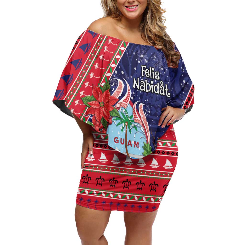 Guam Christmas Off Shoulder Short Dress Felis Nabidat Guaman Seal With Poinsettia LT05 Women Blue - Polynesian Pride