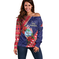 Guam Christmas Off Shoulder Sweater Felis Nabidat Guaman Seal With Poinsettia LT05 Women Blue - Polynesian Pride