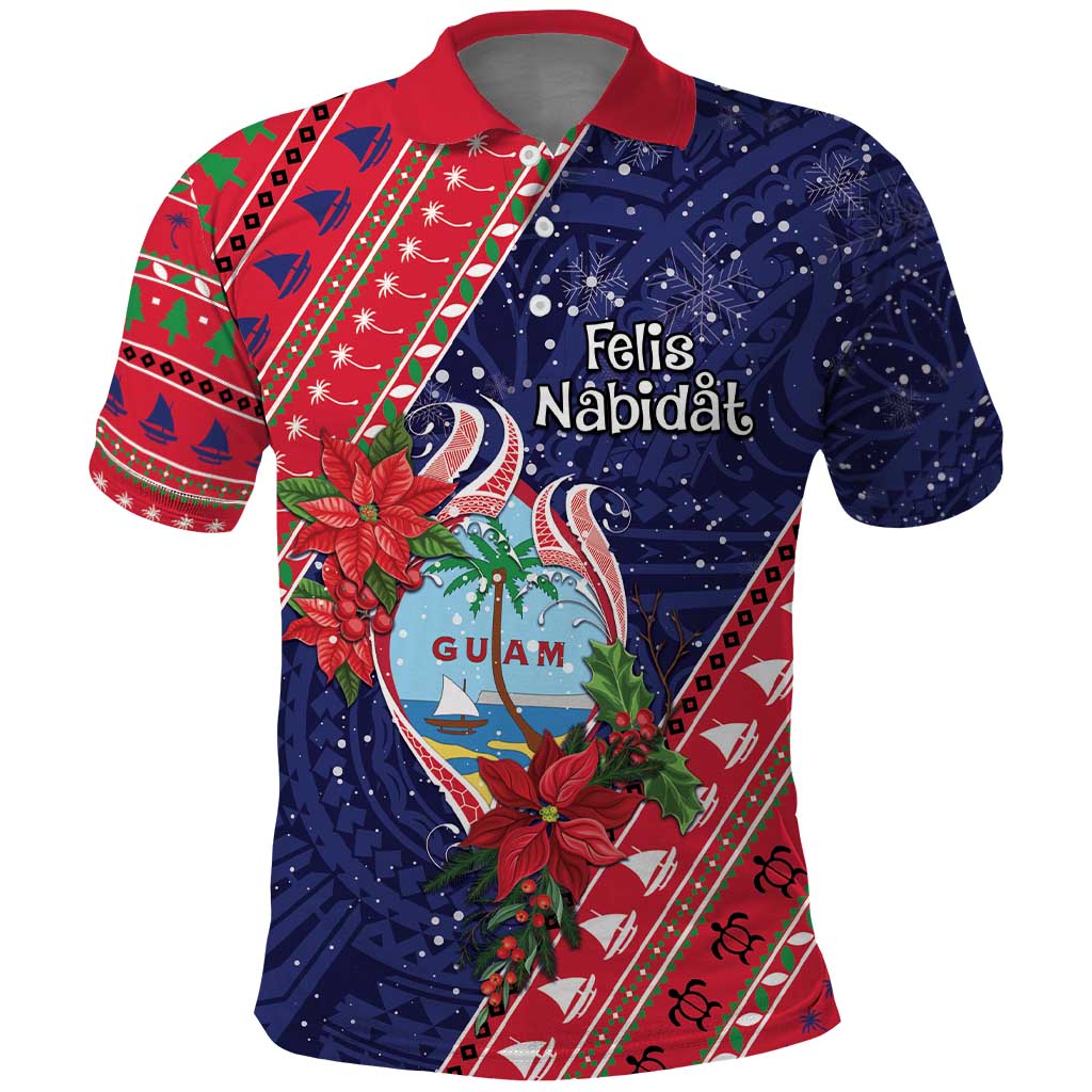 Guam Christmas Polo Shirt Felis Nabidat Guaman Seal With Poinsettia LT05 Blue - Polynesian Pride