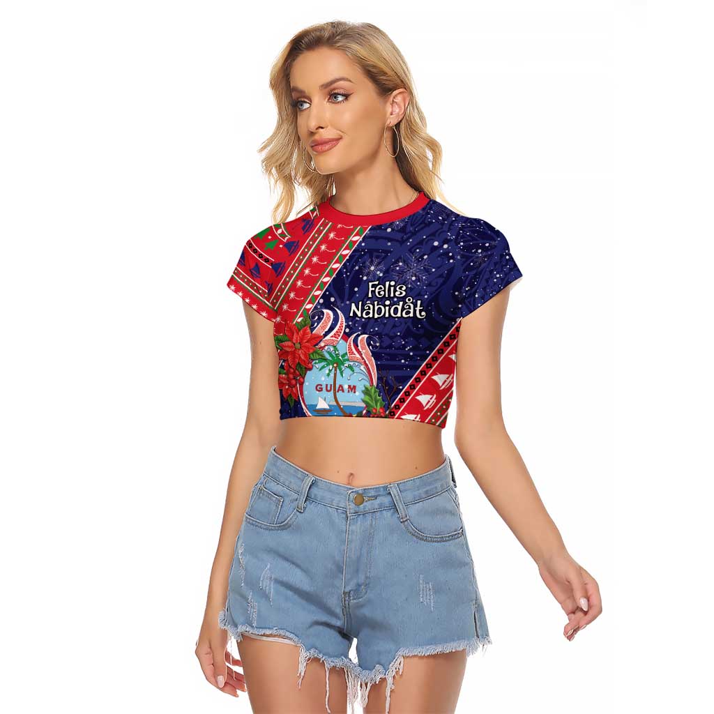 Guam Christmas Raglan Cropped T Shirt Felis Nabidat Guaman Seal With Poinsettia LT05 Female Blue - Polynesian Pride