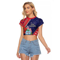 Guam Christmas Raglan Cropped T Shirt Felis Nabidat Guaman Seal With Poinsettia LT05 Female Blue - Polynesian Pride