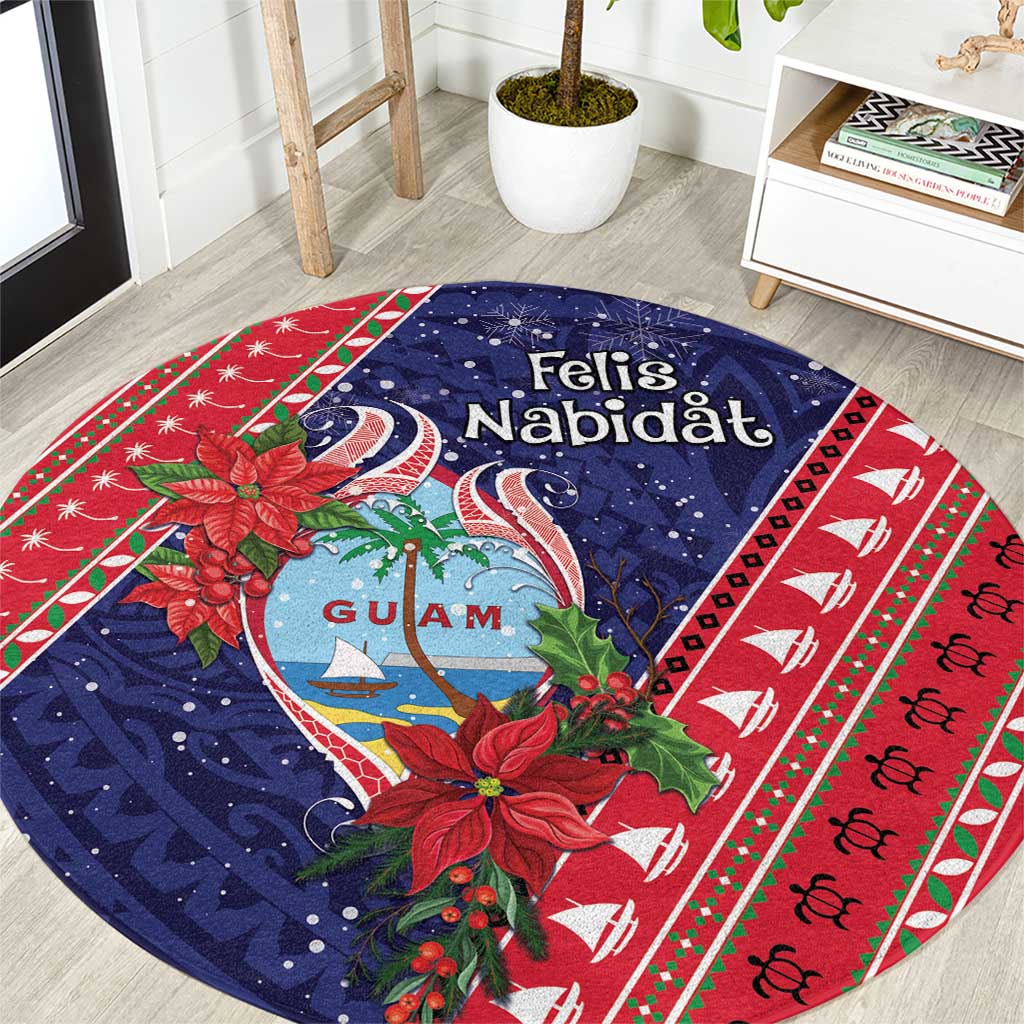 Guam Christmas Round Carpet Felis Nabidat Guaman Seal With Poinsettia LT05 Blue - Polynesian Pride