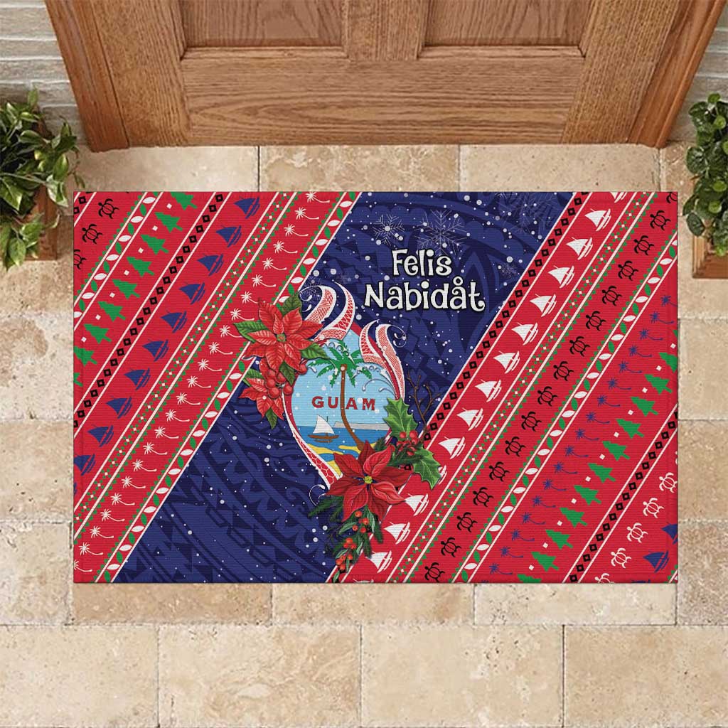 Guam Christmas Rubber Doormat Felis Nabidat Guaman Seal With Poinsettia LT05 Blue - Polynesian Pride
