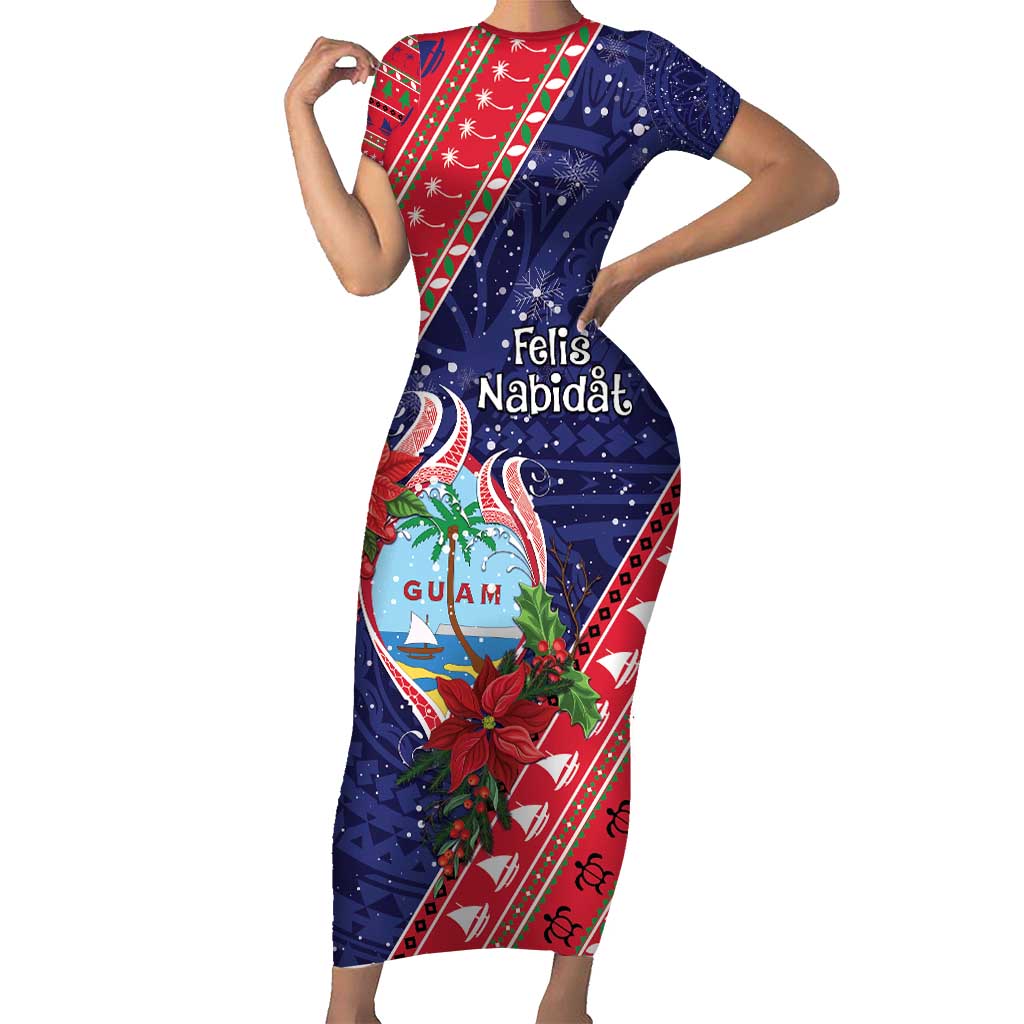 Guam Christmas Short Sleeve Bodycon Dress Felis Nabidat Guaman Seal With Poinsettia LT05 Long Dress Blue - Polynesian Pride