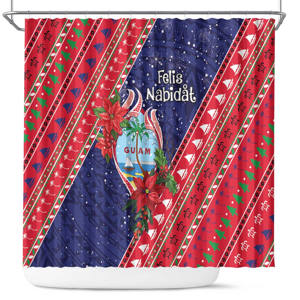 Guam Christmas Shower Curtain Felis Nabidat Guaman Seal With Poinsettia LT05 Blue - Polynesian Pride