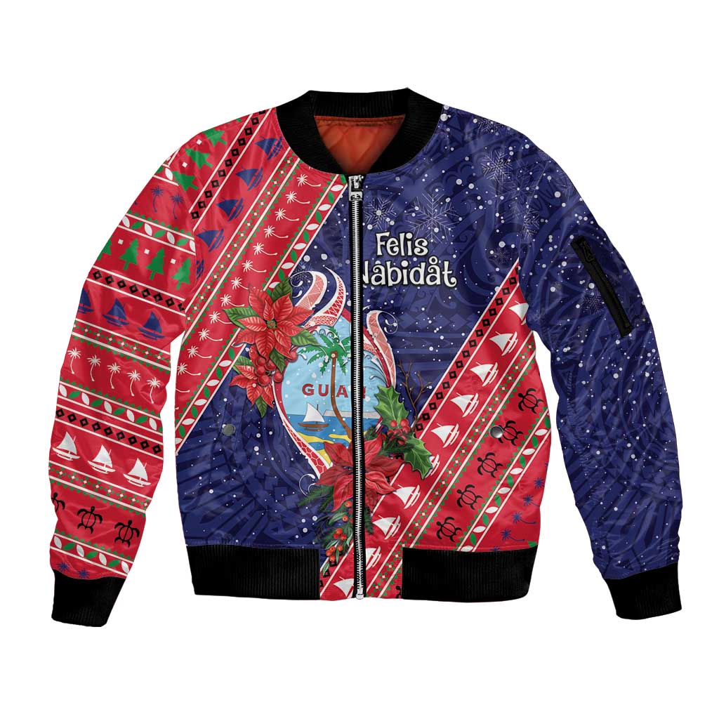 Guam Christmas Sleeve Zip Bomber Jacket Felis Nabidat Guaman Seal With Poinsettia LT05 Unisex Blue - Polynesian Pride