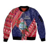 Guam Christmas Sleeve Zip Bomber Jacket Felis Nabidat Guaman Seal With Poinsettia LT05 Unisex Blue - Polynesian Pride