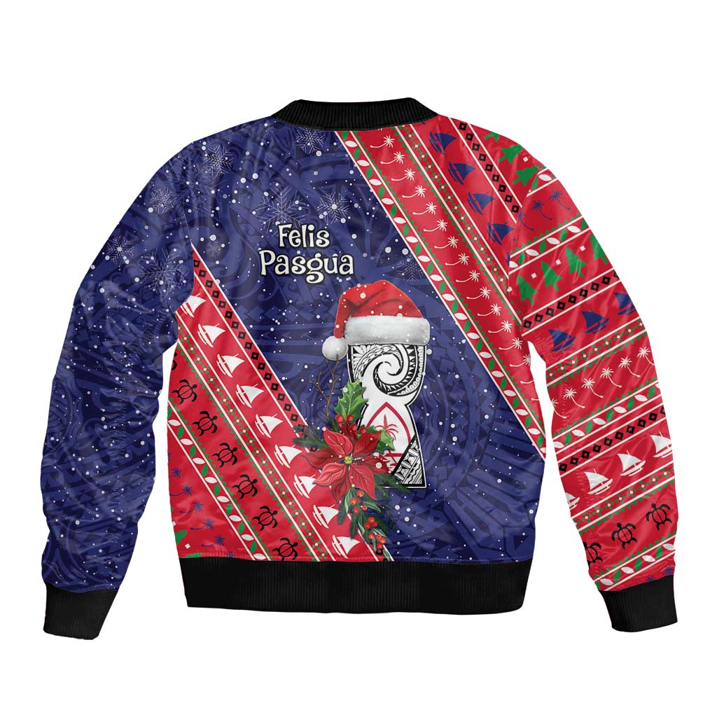 Guam Christmas Sleeve Zip Bomber Jacket Felis Nabidat Guaman Seal With Poinsettia LT05 - Polynesian Pride