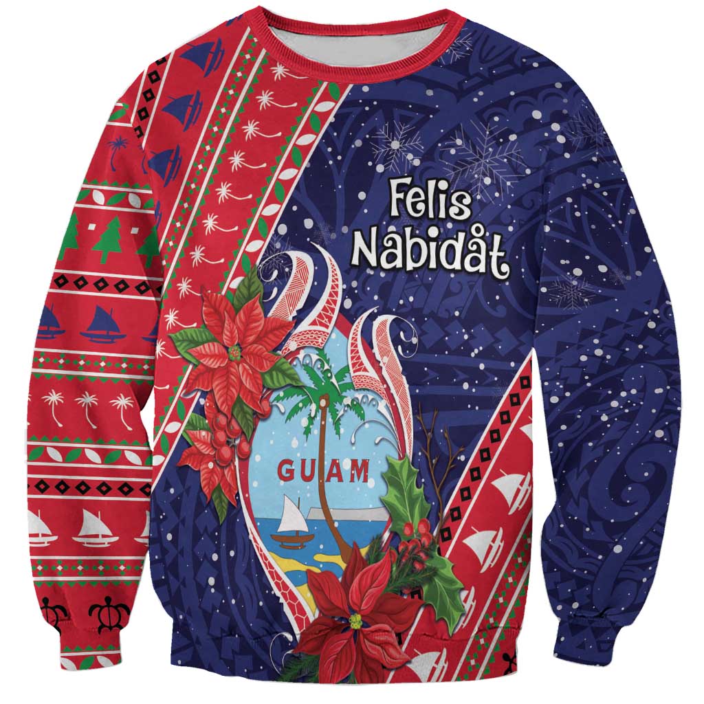 Guam Christmas Sweatshirt Felis Nabidat Guaman Seal With Poinsettia LT05 Unisex Blue - Polynesian Pride