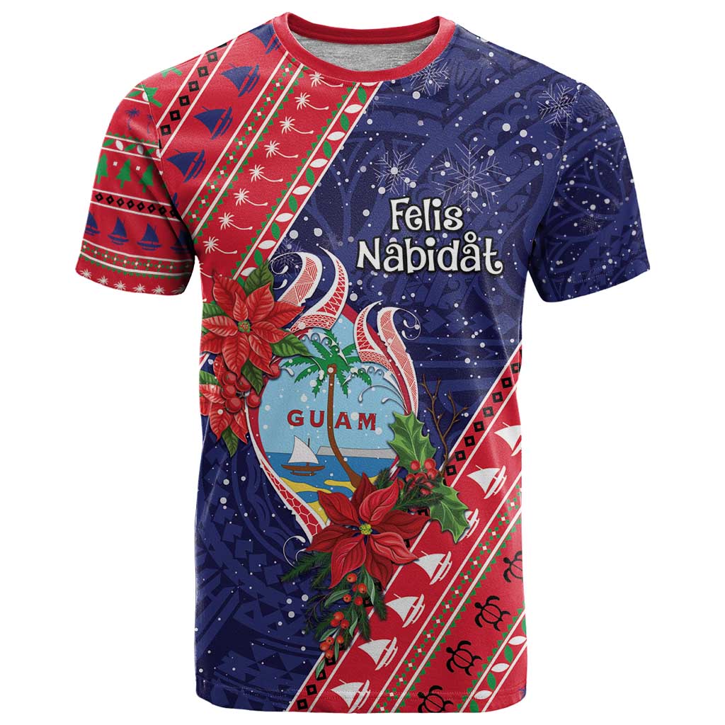 Guam Christmas T Shirt Felis Nabidat Guaman Seal With Poinsettia LT05 Blue - Polynesian Pride