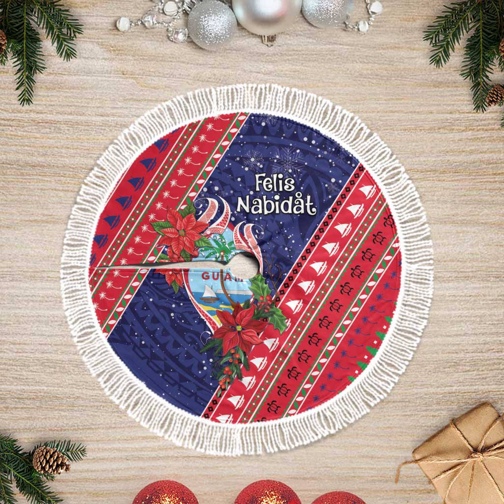 Guam Christmas Tree Skirt Felis Nabidat Guaman Seal With Poinsettia LT05 Fringed Blue - Polynesian Pride
