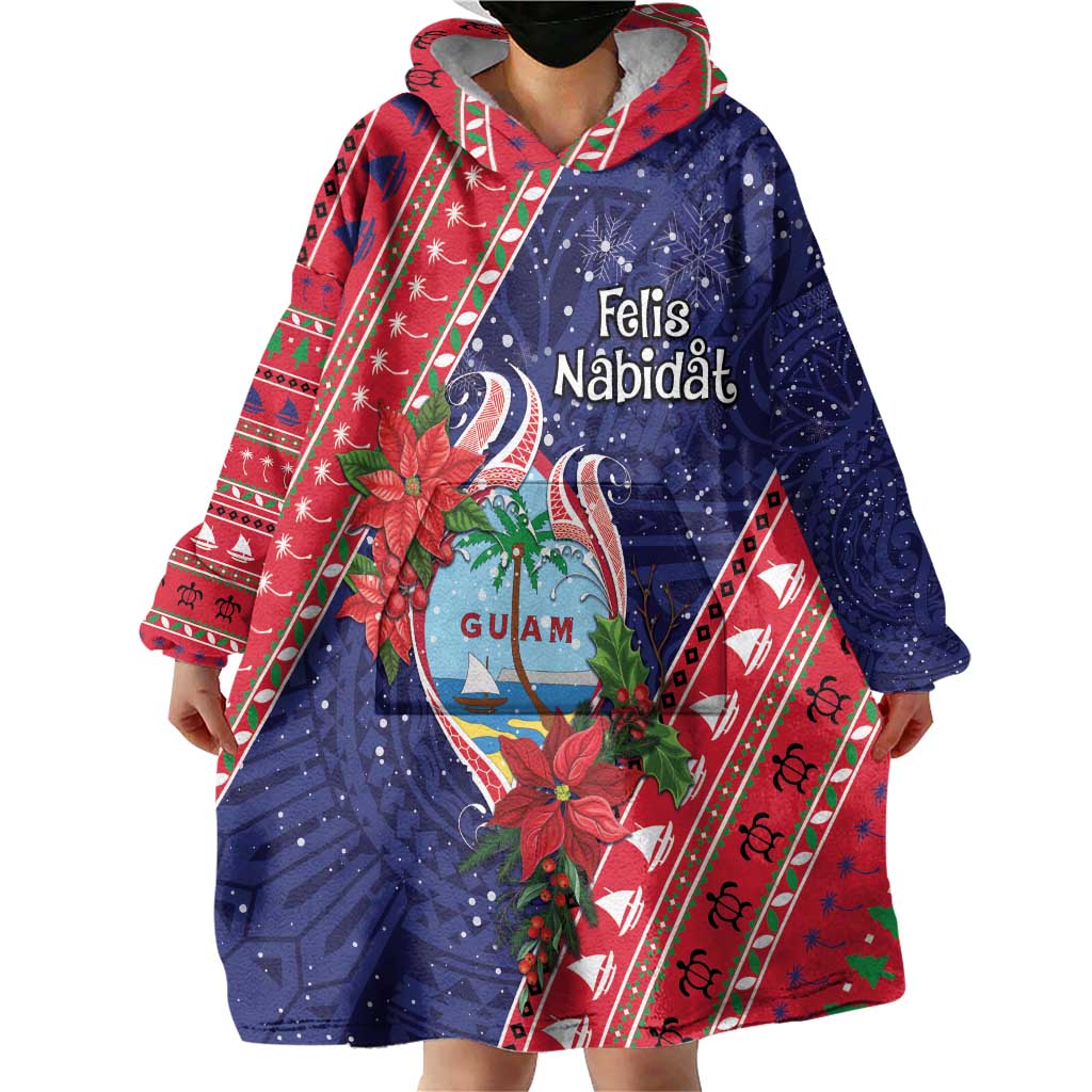 Guam Christmas Wearable Blanket Hoodie Felis Nabidat Guaman Seal With Poinsettia LT05 - Polynesian Pride