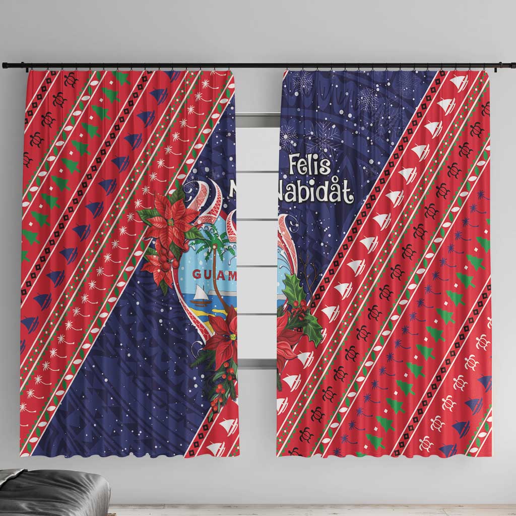 Guam Christmas Window Curtain Felis Nabidat Guaman Seal With Poinsettia LT05 With Hooks Blue - Polynesian Pride