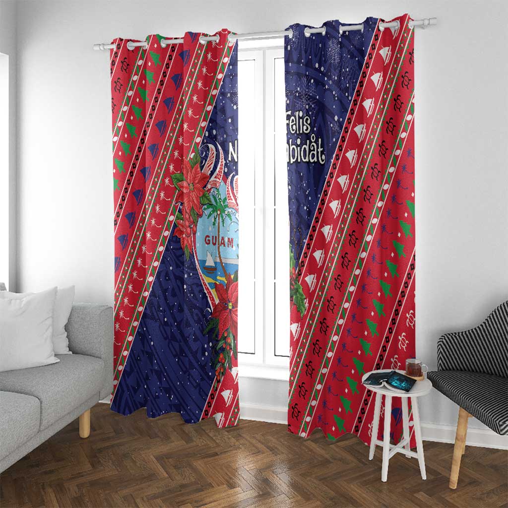 Guam Christmas Window Curtain Felis Nabidat Guaman Seal With Poinsettia LT05 With Grommets Blue - Polynesian Pride