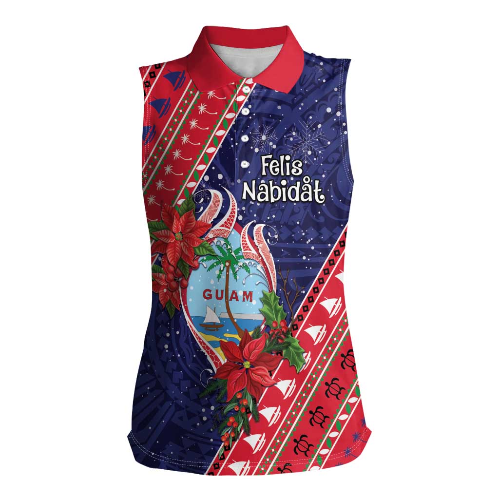 Guam Christmas Women Sleeveless Polo Shirt Felis Nabidat Guaman Seal With Poinsettia LT05 Female Blue - Polynesian Pride