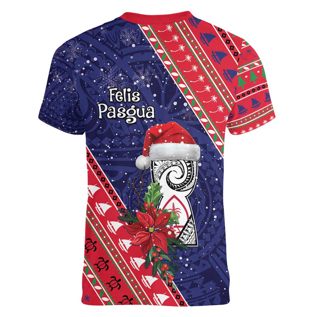 Guam Christmas Women V-Neck T-Shirt Felis Nabidat Guaman Seal With Poinsettia LT05 - Polynesian Pride