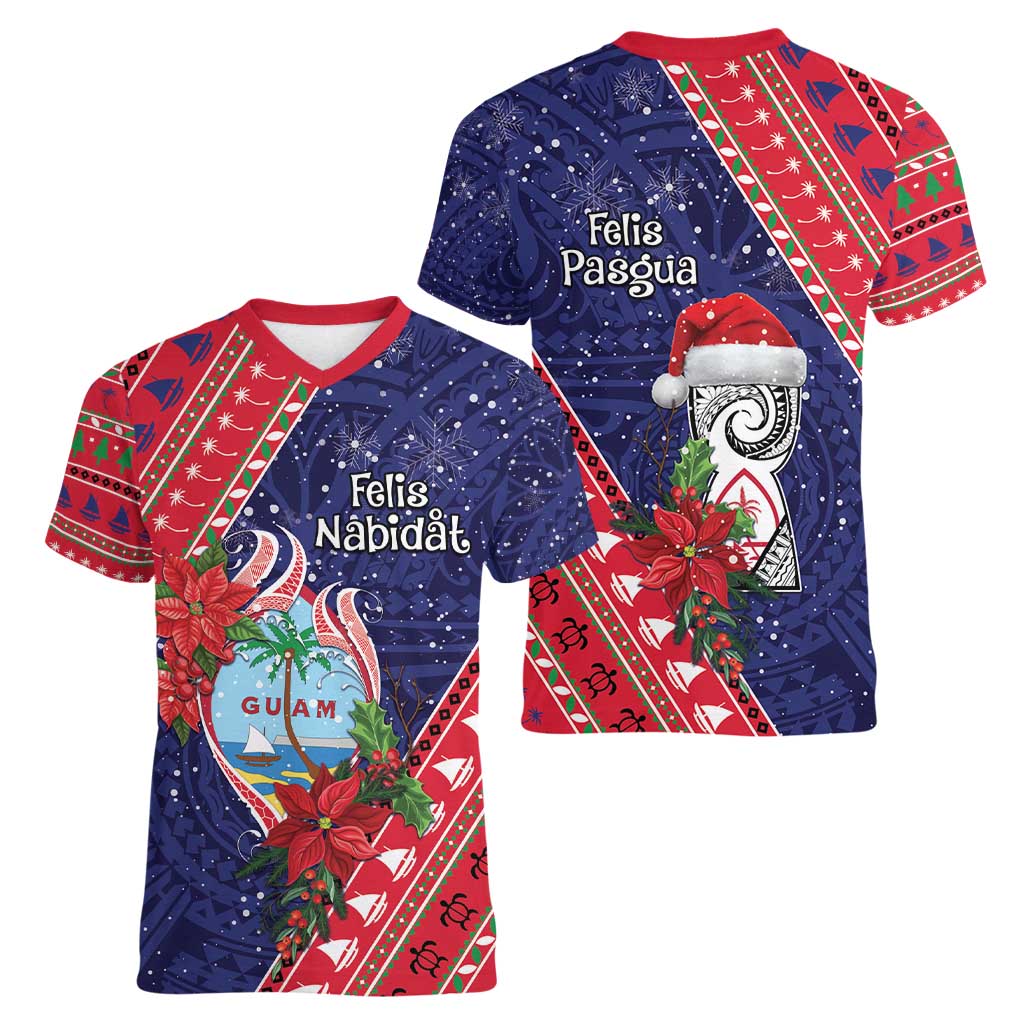 Guam Christmas Women V-Neck T-Shirt Felis Nabidat Guaman Seal With Poinsettia LT05 - Polynesian Pride
