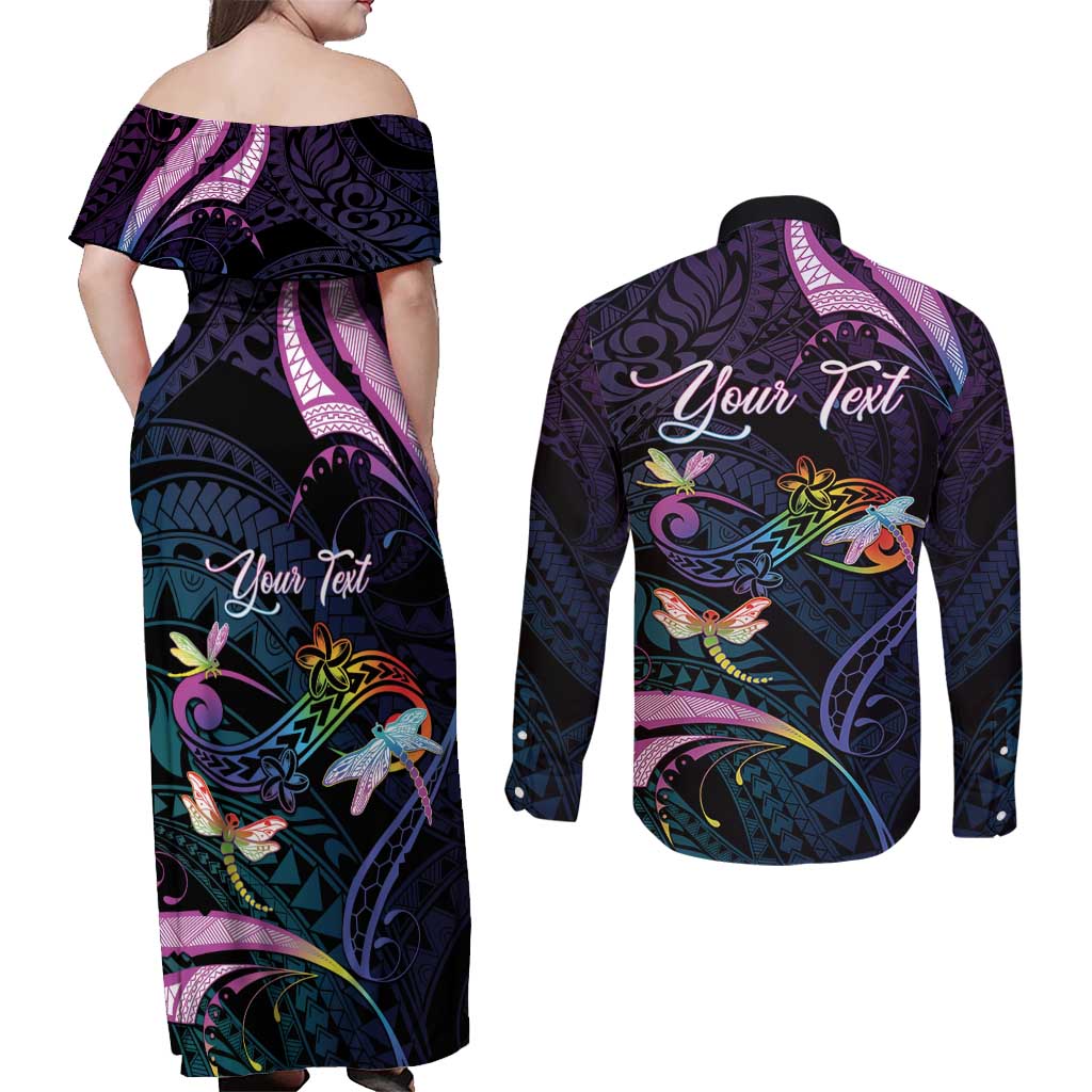Personalised Polynesia Memorial Couples Matching Off Shoulder Maxi Dress and Long Sleeve Button Shirt Always Remembered Dragonfly Polynesian Style LT05 - Polynesian Pride