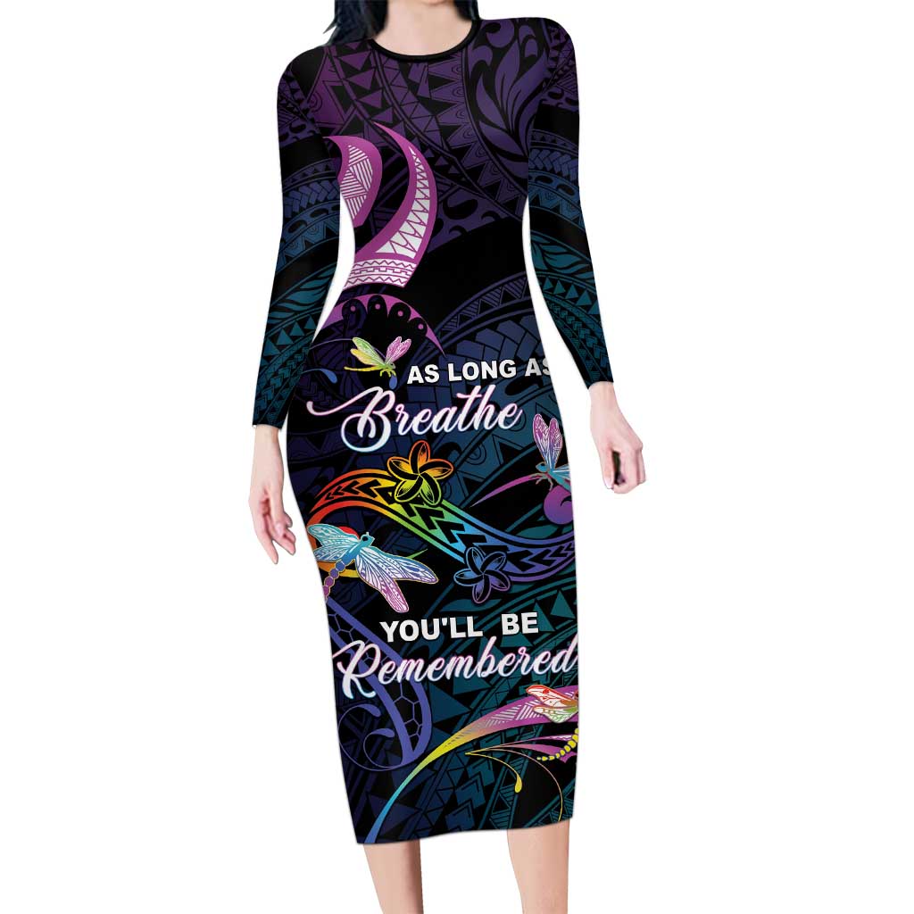 Personalised Polynesia Memorial Family Matching Long Sleeve Bodycon Dress and Hawaiian Shirt Always Remembered Dragonfly Polynesian Style LT05 Mom's Dress Colorful - Polynesian Pride