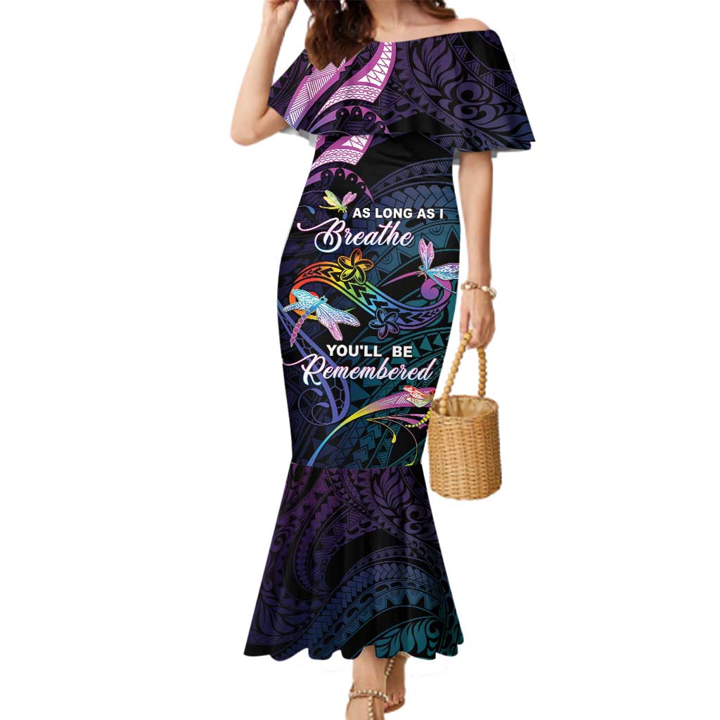Personalised Polynesia Memorial Family Matching Mermaid Dress and Hawaiian Shirt Always Remembered Dragonfly Polynesian Style LT05 Mom's Dress Colorful - Polynesian Pride