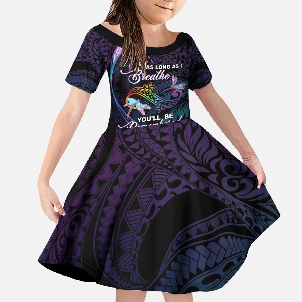 Personalised Polynesia Memorial Family Matching Off The Shoulder Long Sleeve Dress and Hawaiian Shirt Always Remembered Dragonfly Polynesian Style LT05 Daughter's Dress Colorful - Polynesian Pride
