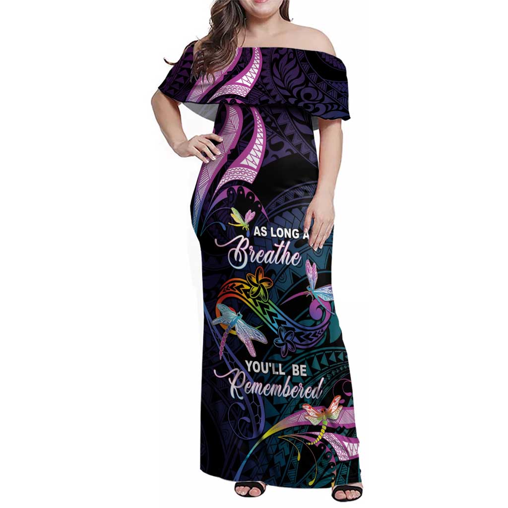 Personalised Polynesia Memorial Family Matching Off Shoulder Maxi Dress and Hawaiian Shirt Always Remembered Dragonfly Polynesian Style LT05 Mom's Dress Colorful - Polynesian Pride