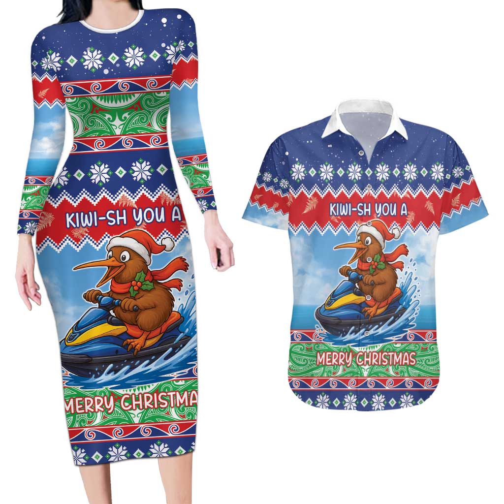 New Zealand Christmas Couples Matching Long Sleeve Bodycon Dress and Hawaiian Shirt Funny Jet Ride Kiwi Xmas LT05 Blue - Polynesian Pride