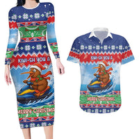 New Zealand Christmas Couples Matching Long Sleeve Bodycon Dress and Hawaiian Shirt Funny Jet Ride Kiwi Xmas LT05 Blue - Polynesian Pride