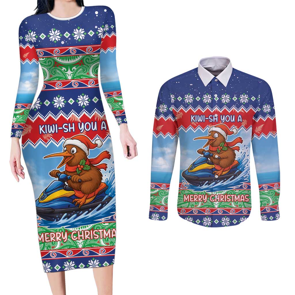 New Zealand Christmas Couples Matching Long Sleeve Bodycon Dress and Long Sleeve Button Shirt Funny Jet Ride Kiwi Xmas LT05 Blue - Polynesian Pride