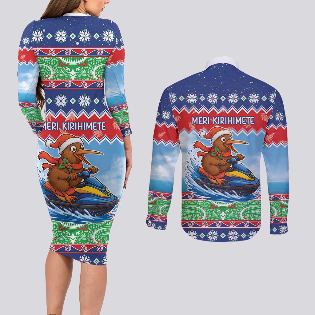 New Zealand Christmas Couples Matching Long Sleeve Bodycon Dress and Long Sleeve Button Shirt Funny Jet Ride Kiwi Xmas LT05 - Polynesian Pride