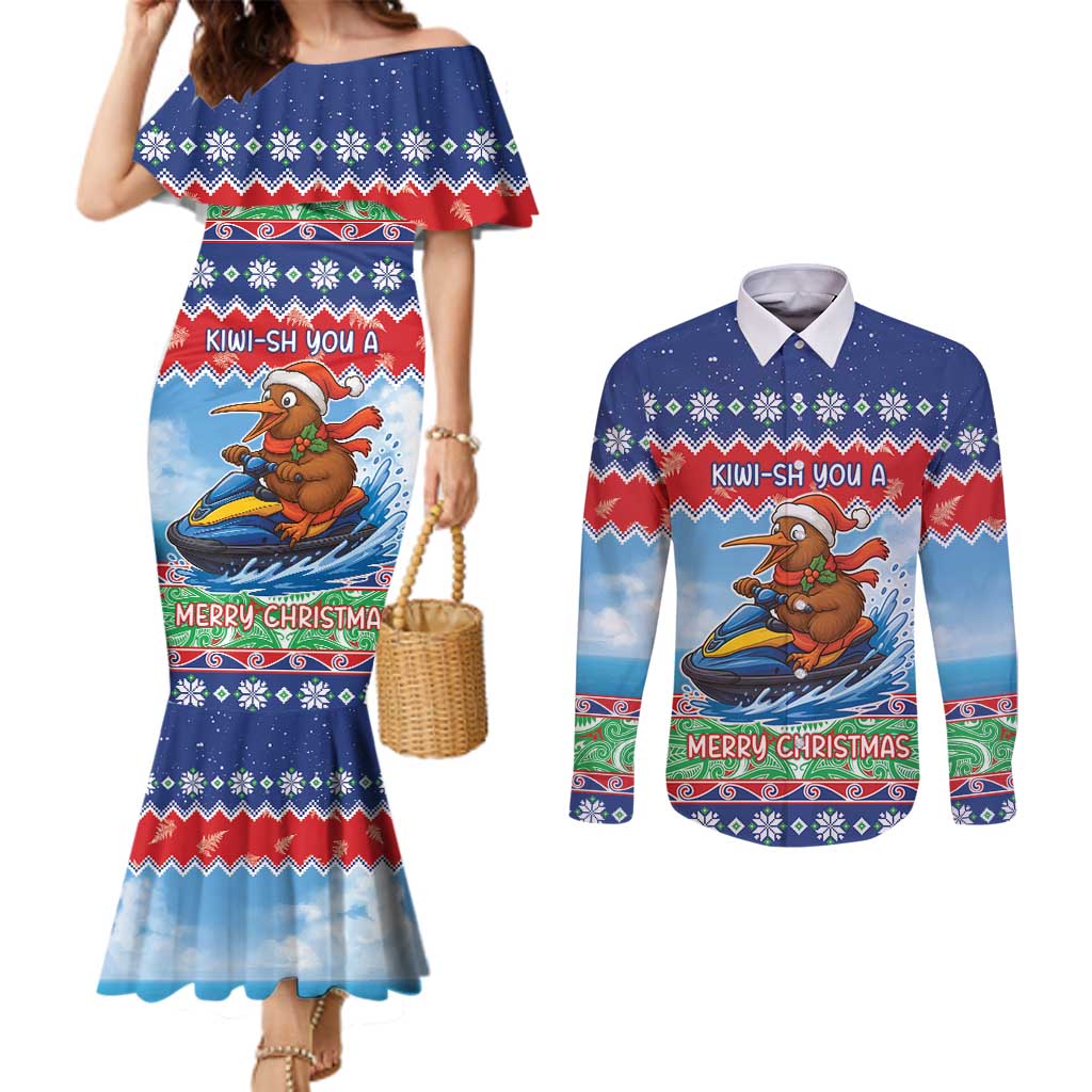 New Zealand Christmas Couples Matching Mermaid Dress and Long Sleeve Button Shirt Funny Jet Ride Kiwi Xmas LT05 Blue - Polynesian Pride
