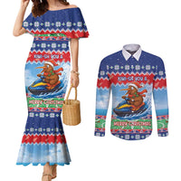 New Zealand Christmas Couples Matching Mermaid Dress and Long Sleeve Button Shirt Funny Jet Ride Kiwi Xmas LT05 Blue - Polynesian Pride