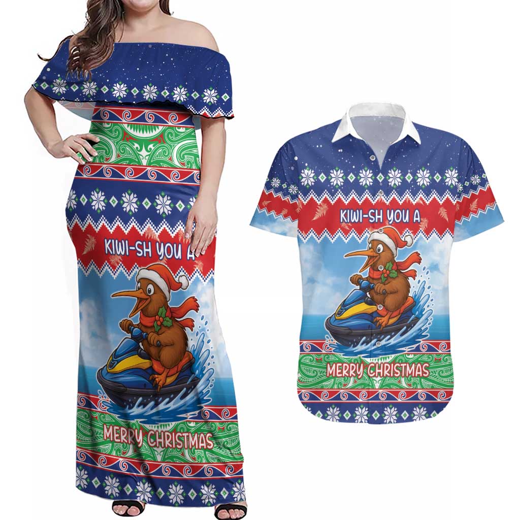 New Zealand Christmas Couples Matching Off Shoulder Maxi Dress and Hawaiian Shirt Funny Jet Ride Kiwi Xmas LT05 Blue - Polynesian Pride