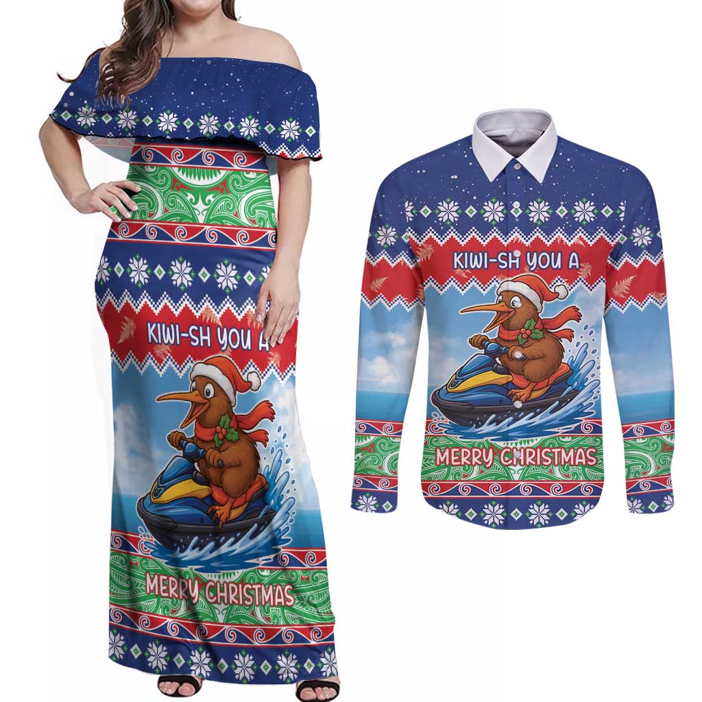 New Zealand Christmas Couples Matching Off Shoulder Maxi Dress and Long Sleeve Button Shirt Funny Jet Ride Kiwi Xmas LT05 Blue - Polynesian Pride