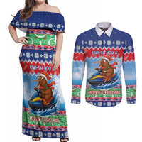 New Zealand Christmas Couples Matching Off Shoulder Maxi Dress and Long Sleeve Button Shirt Funny Jet Ride Kiwi Xmas LT05 Blue - Polynesian Pride