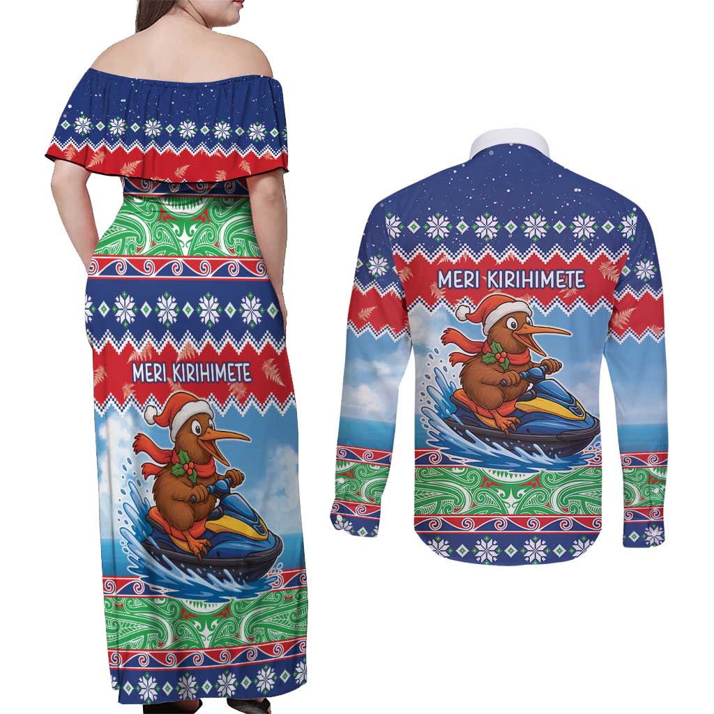 New Zealand Christmas Couples Matching Off Shoulder Maxi Dress and Long Sleeve Button Shirt Funny Jet Ride Kiwi Xmas LT05 - Polynesian Pride