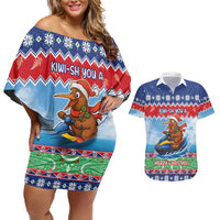 New Zealand Christmas Couples Matching Off Shoulder Short Dress and Hawaiian Shirt Funny Jet Ride Kiwi Xmas LT05 Blue - Polynesian Pride