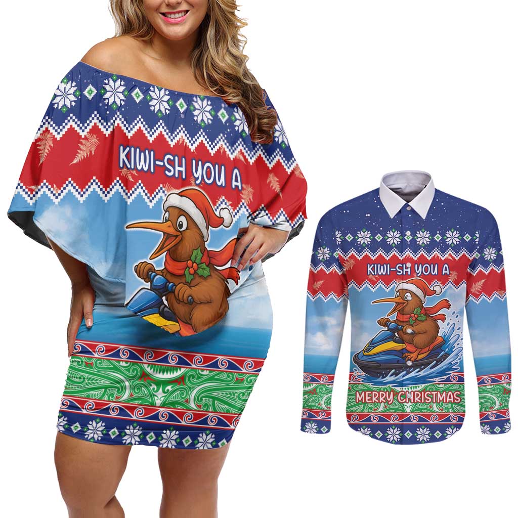 New Zealand Christmas Couples Matching Off Shoulder Short Dress and Long Sleeve Button Shirt Funny Jet Ride Kiwi Xmas LT05 Blue - Polynesian Pride