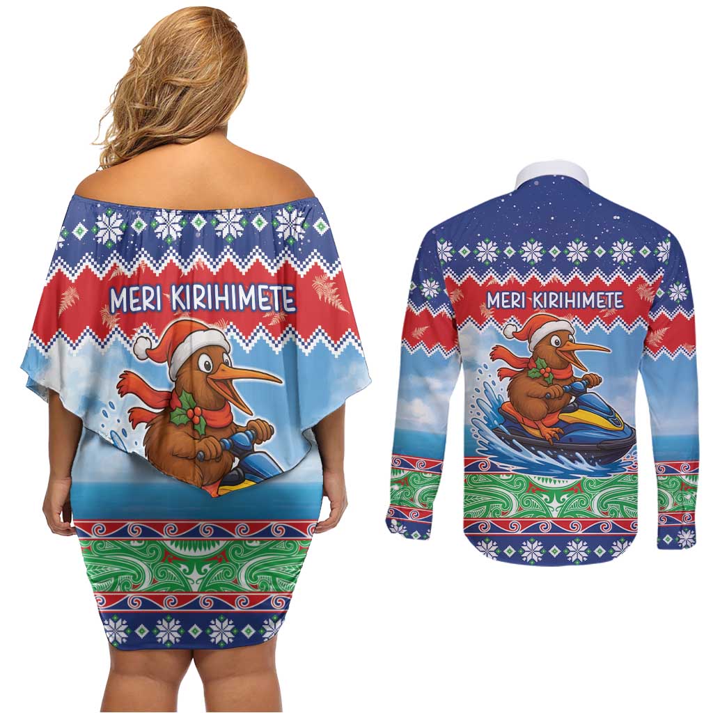 New Zealand Christmas Couples Matching Off Shoulder Short Dress and Long Sleeve Button Shirt Funny Jet Ride Kiwi Xmas LT05 - Polynesian Pride