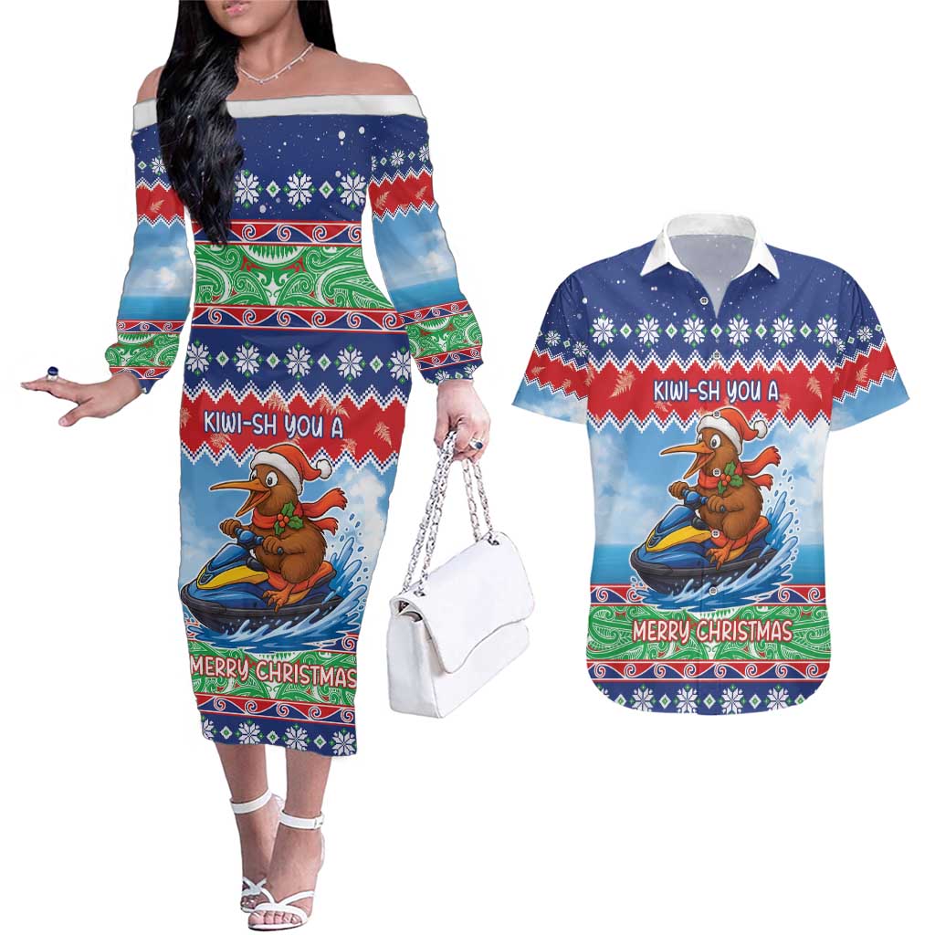New Zealand Christmas Couples Matching Off The Shoulder Long Sleeve Dress and Hawaiian Shirt Funny Jet Ride Kiwi Xmas LT05 Blue - Polynesian Pride