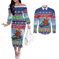 New Zealand Christmas Couples Matching Off The Shoulder Long Sleeve Dress and Long Sleeve Button Shirt Funny Jet Ride Kiwi Xmas LT05 Blue - Polynesian Pride